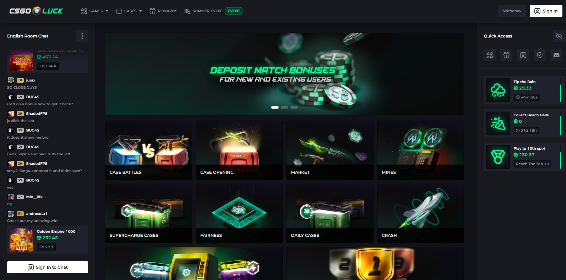 CSGOLuck CS2 case opening website screenshot