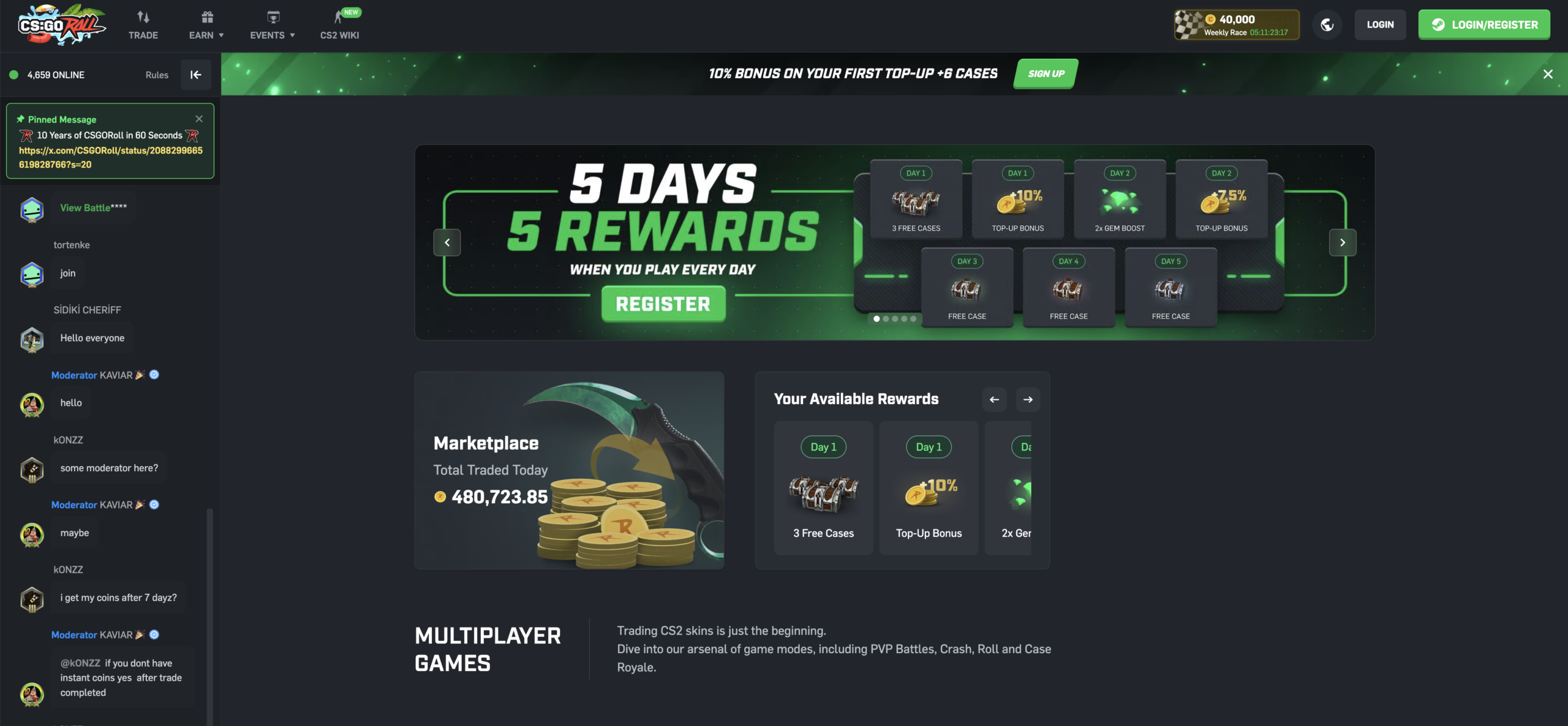 CSGORoll homepage with the Login / Register button highlighted