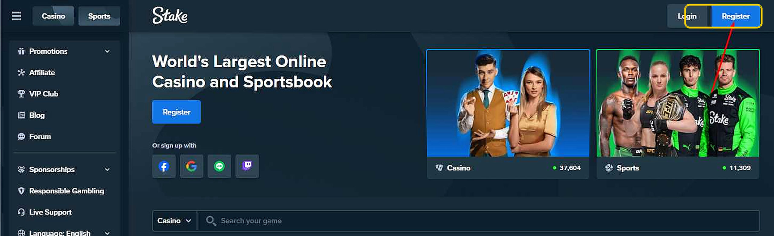 Stake homepage with the Register button highlighted